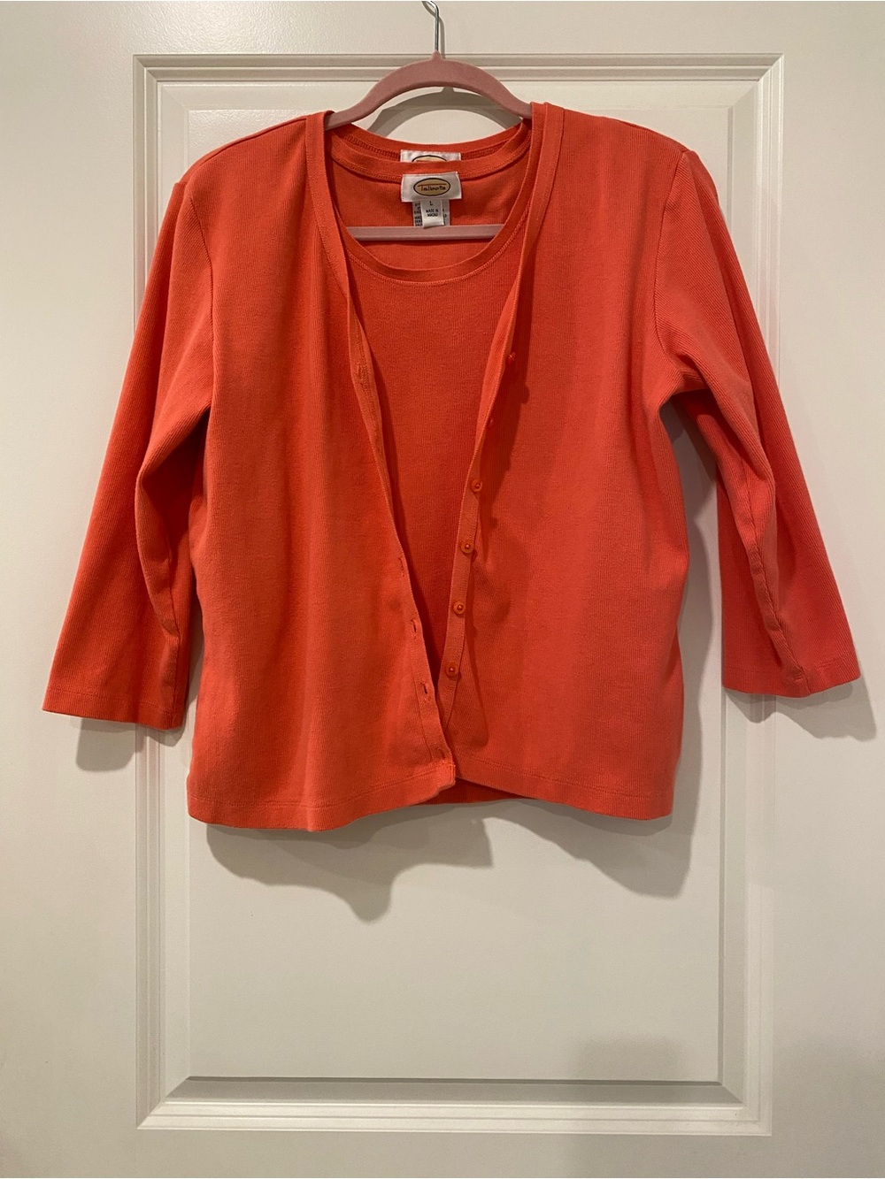 Talbots Coral Twin Set Cardigan Shell Tank Top Large Cotton Stretch - Picture 3 of 7
